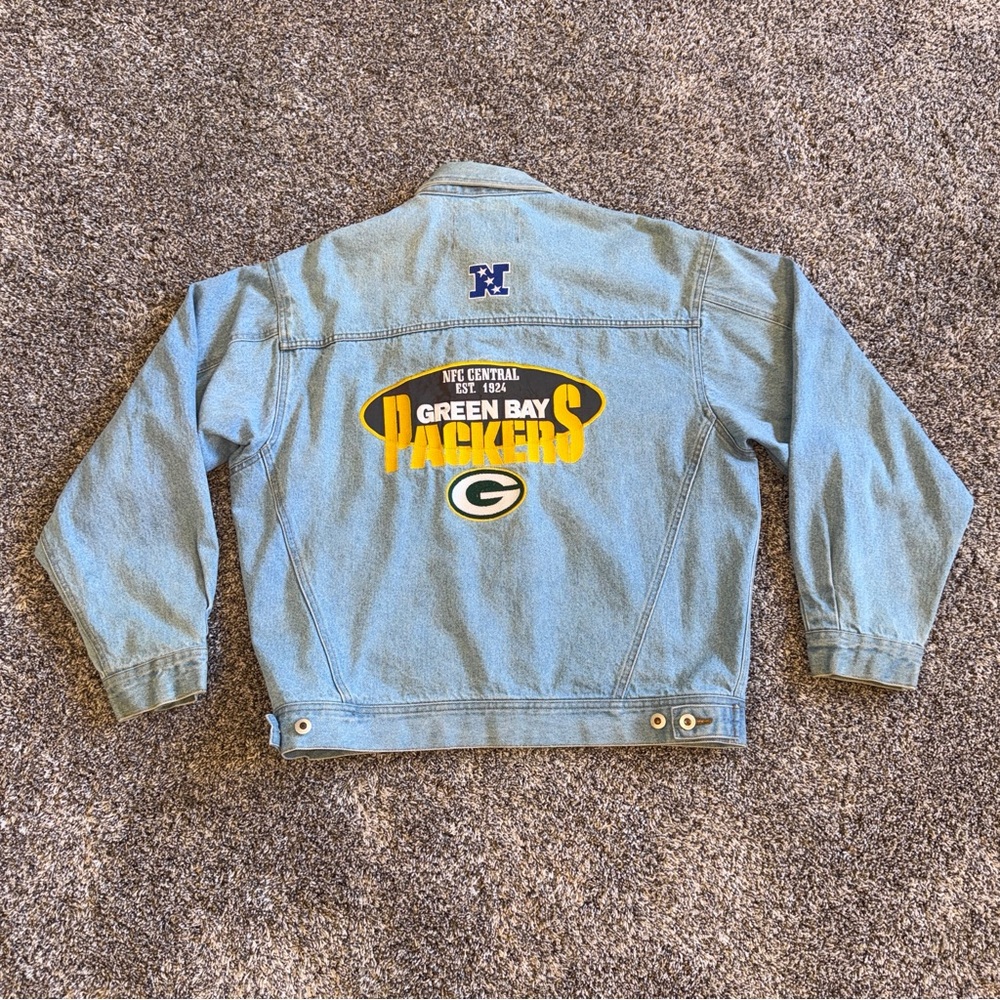 VTG 90s Pro Elite Green Bay Packers NFL Blue Denim Jean Jacket Size Large